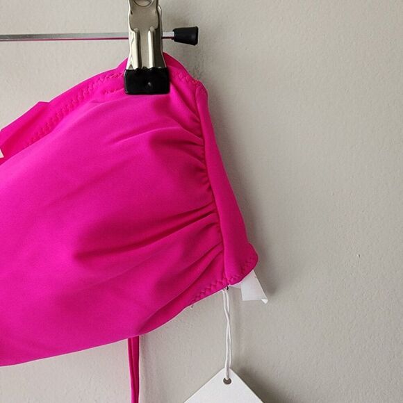 Vanilla Beach Scalloped Bikini Swim Top | Hot Pink Halter Tie Neck Ruched NWT - Picture 5 of 9